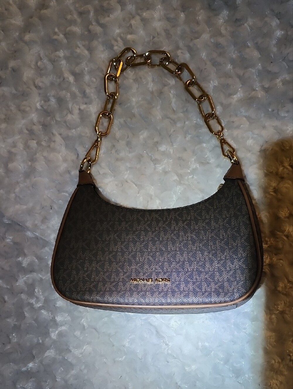 Michael Kors Brown Monogram Crescent Crossbody with Gold Hardware
